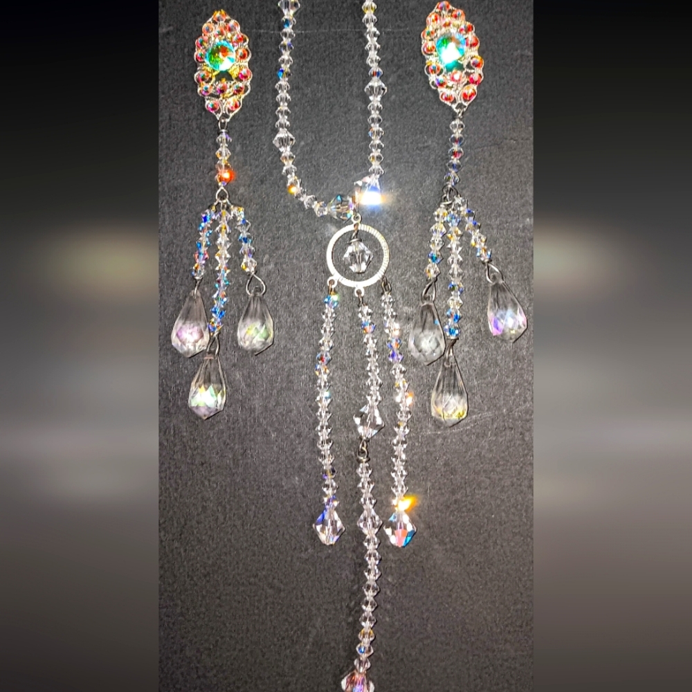 Vintage Clear & Watermelon Aurora Borealis Crystal Drop Necklace & Earring Set